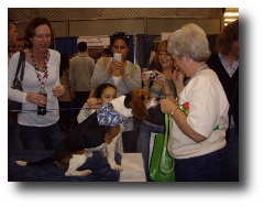 Linda Forrest (right) at Meet the Breeds 2010 shows an adoptable beagle